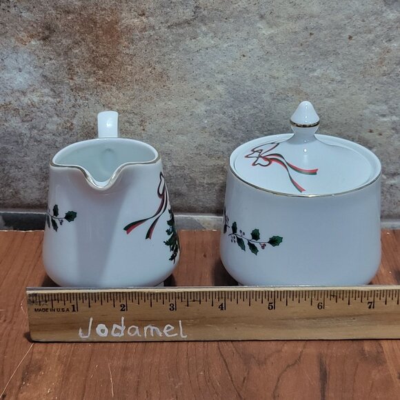 Christmas Tree & Ribbon Covered Sugar Bowl & Creamer Japan - Picture 11 of 13